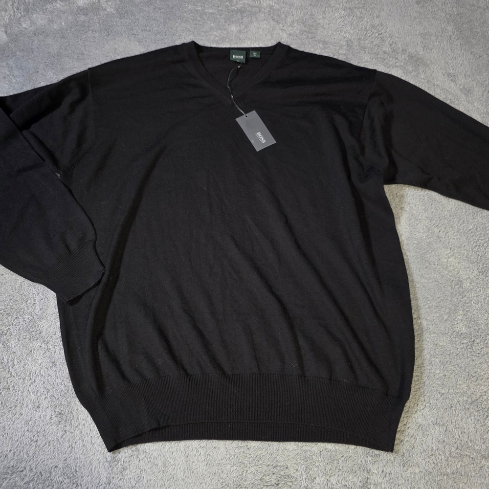 Hugo Boss Mens XL Langer V-Neck Sweater Black Merino Wool Golf Made Italy READ